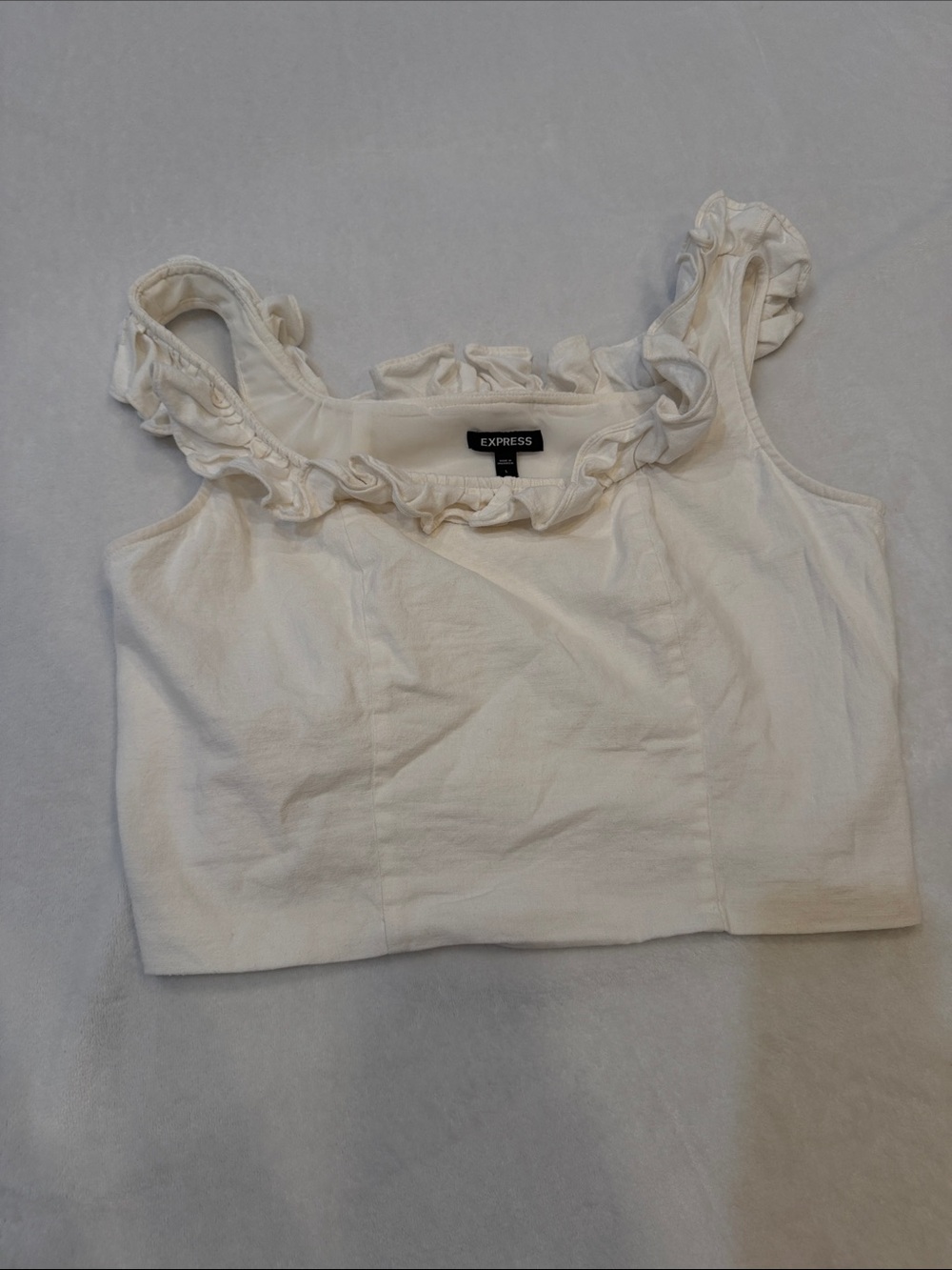 Express Linen Cream Ruffle-Trim Crop Tank